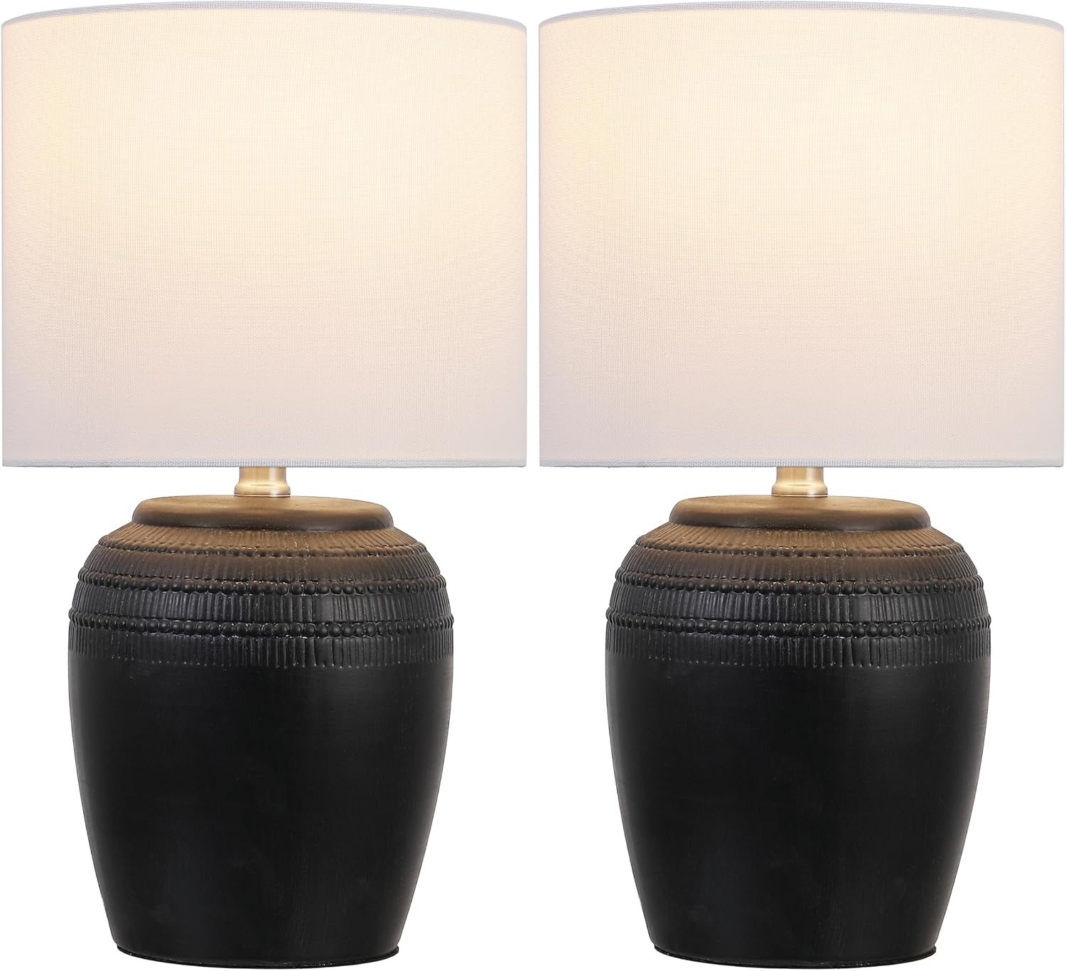 JONATHAN Y 16.75' Black/Nickel Ceramic Table Lamp Set of 2, Rustic Traditional Reeded Vase Lamps with White Linen Shade for Bedroom Living Room Decor JYL5707A-SET2