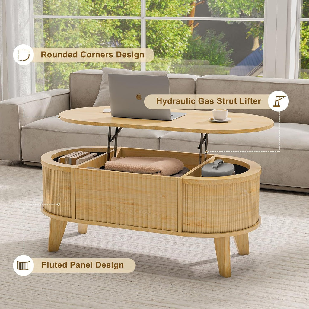 LYNCOHOME Fluted Lift Top Coffee Table with Storage,Modern Oval Coffee Table for Living Room Or Home Office（Natural）