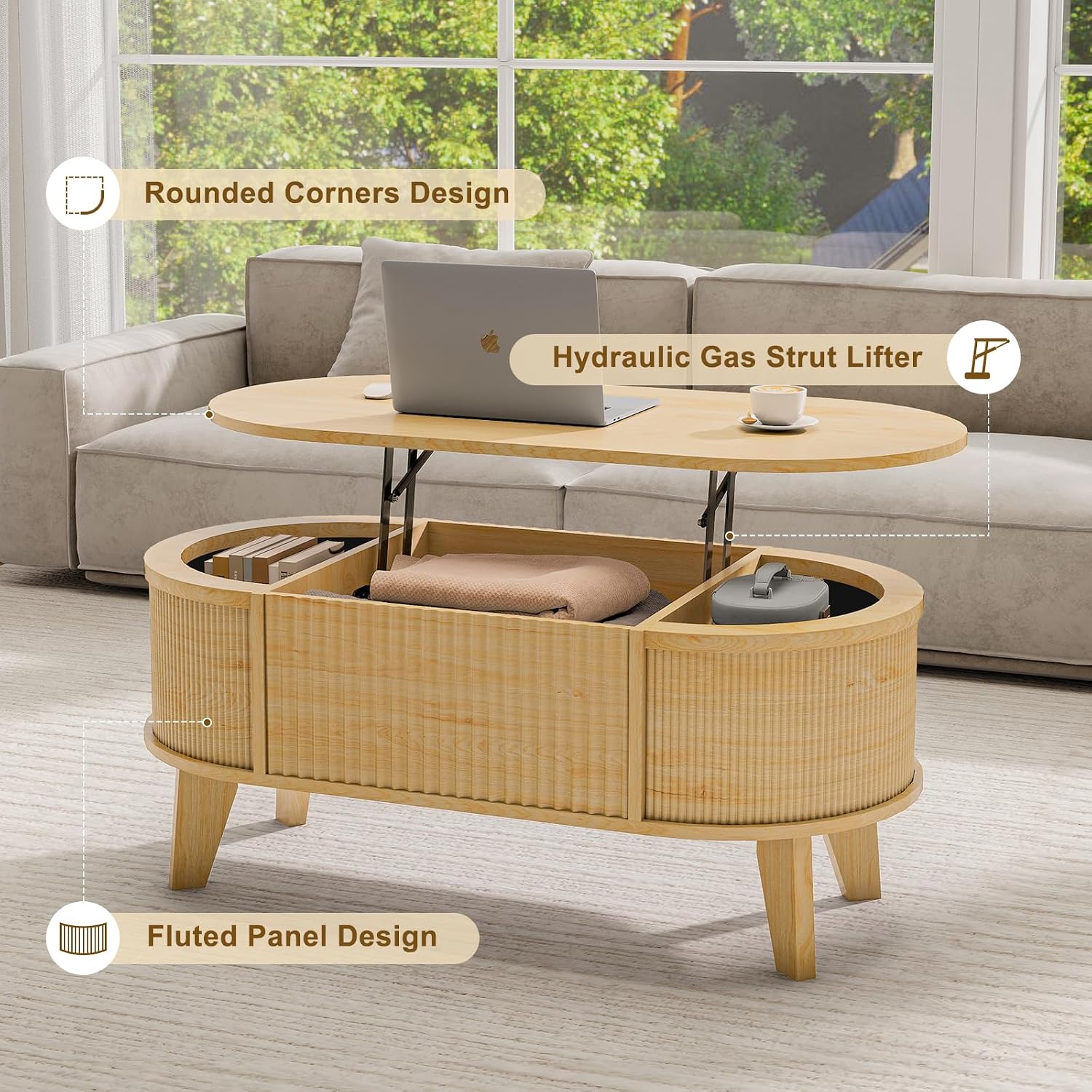 LYNCOHOME Fluted Lift Top Coffee Table with Storage,Modern Oval Coffee Table for Living Room Or Home Office（Natural）