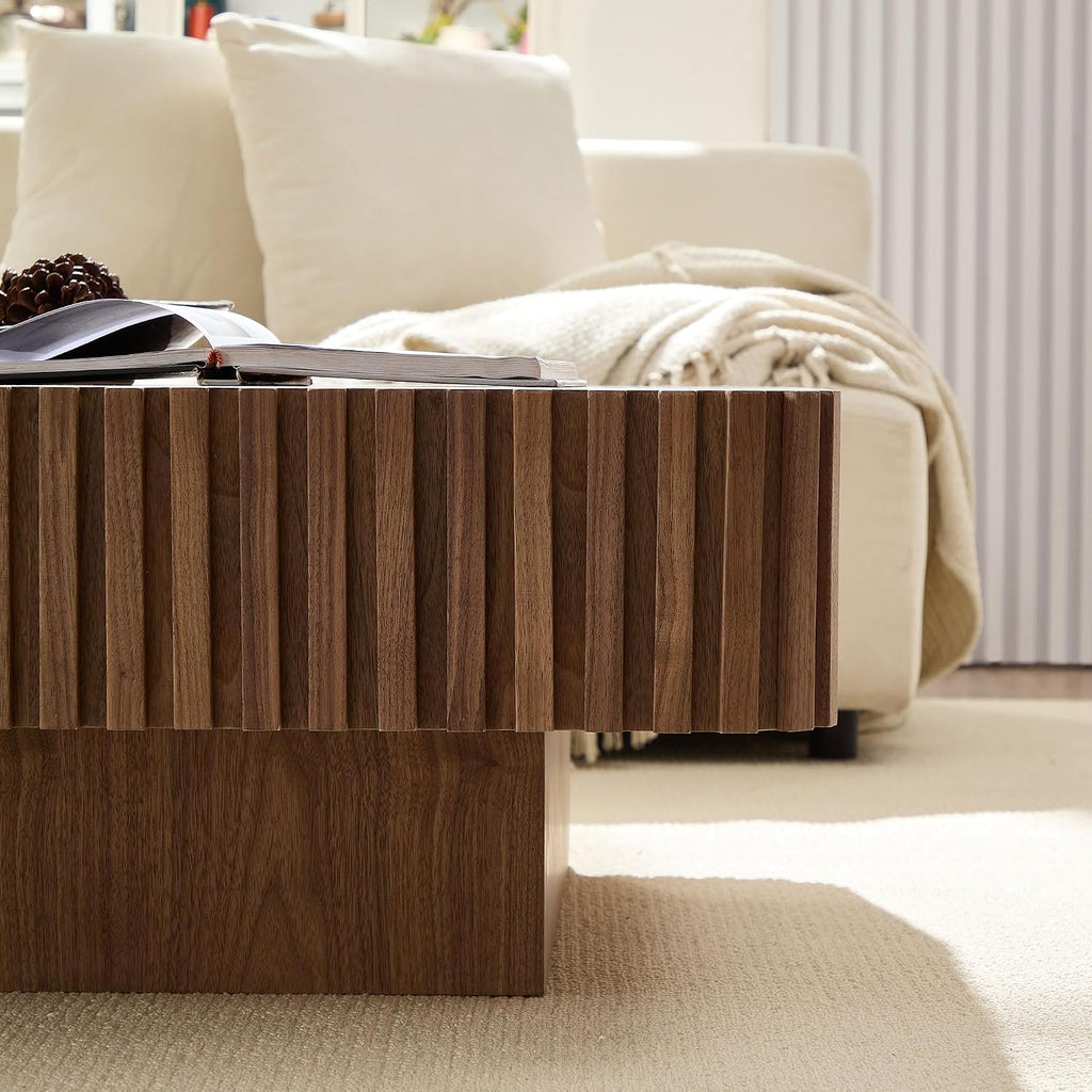 JUSTONE 35-inch Mid-Century Modern Drum Coffee Table, Handcrafted Wood Round Center Table for Living Room, Home Office, Walnut
