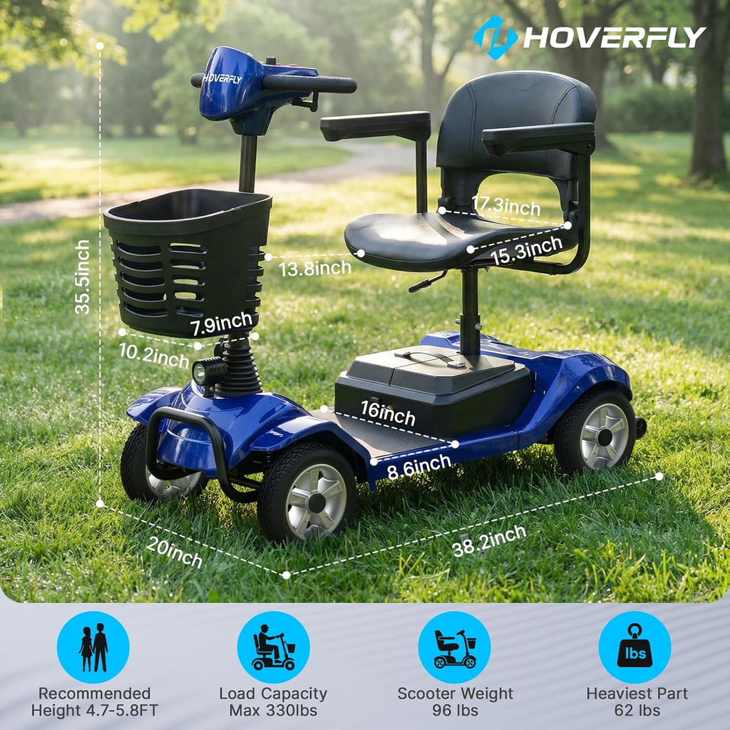Hoverfly T4 Mobility Scooter for Seniors, Max 12.4-Mile Range & 3.7 mph, 3-Position Seat & Anti-slip Rear Wheel, Removed Battery&Quick Fold Design, Solid 9' Tire&330 lb Capacity, Ease of Assembly Blue