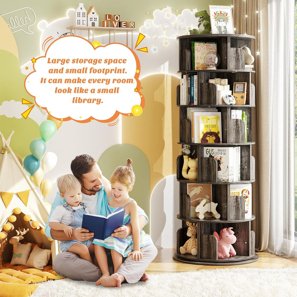 Aheaplus 6 Tier Rotating Bookshelf, Wood Spinning Bookshelf Tower, Round Revolving 360 Bookcase, Narrow Turning Book Shelf Rolling Corner Organizer for Small Space, Bedroom, Office, Black Oak
