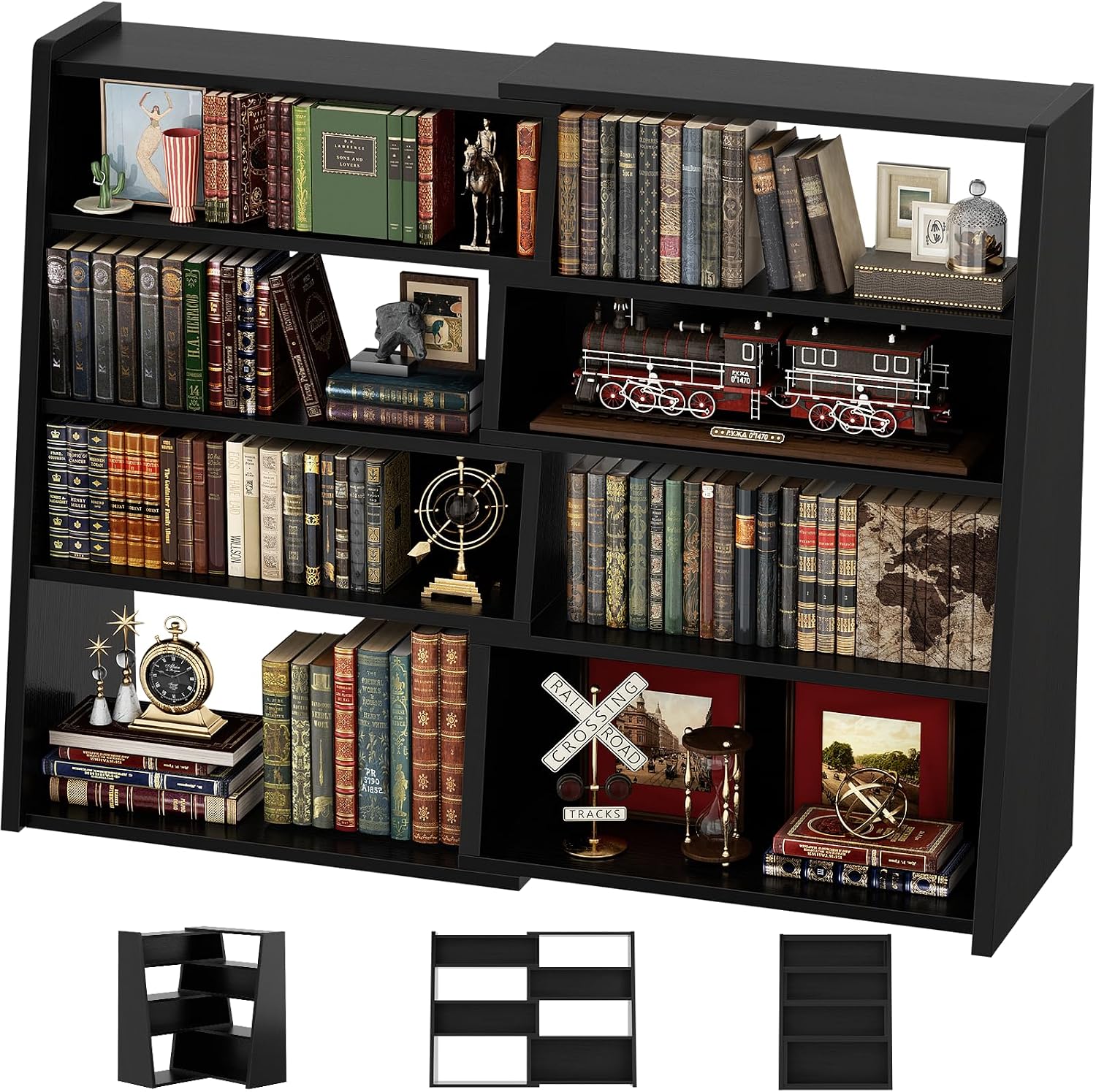 Armocity Expandable Bookshelf, Short Corner Bookshelf for Small Spaces, Small Ladder Book Shelf, Extendable Wood Narrow Bookcase for Living Room, Bedroom, 5 Tier, Black