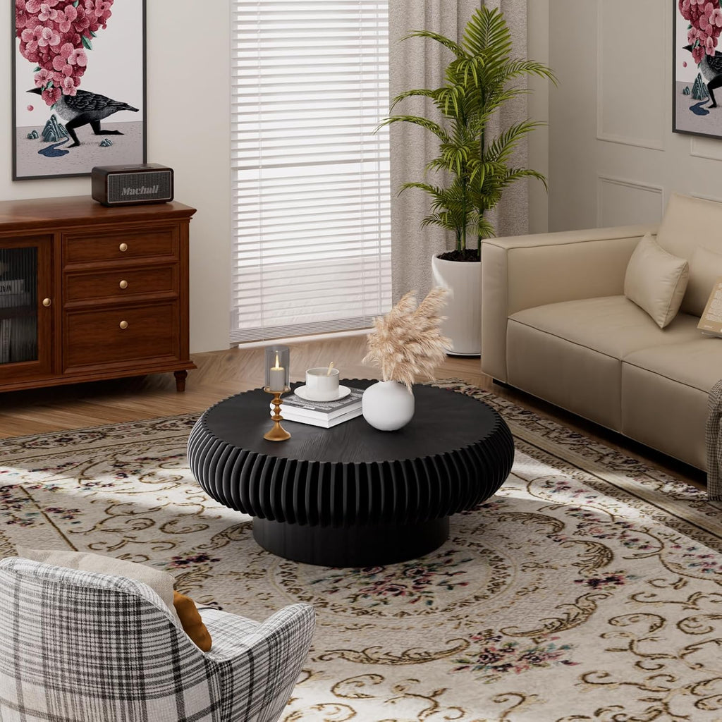 Round Coffee Table for Living Room Modern Black Fluted Coffee Table 31.4 inch Low Round Drum Coffee Tables for Living Room (Black, 31.4')