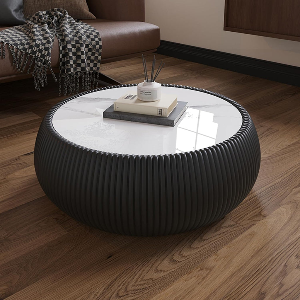 Black Round Coffee Table with Sintered Stone Tabletop, 27.55' Drum Coffee Table with Fluted PU Leather Covered and Stable Base, Circle Cocktail Tea Table for Living Room