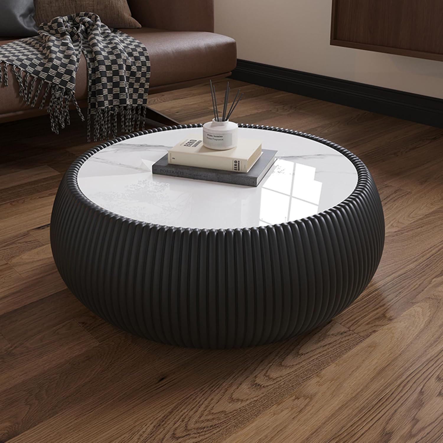 Black Round Coffee Table with Sintered Stone Tabletop, 27.55' Drum Coffee Table with Fluted PU Leather Covered and Stable Base, Circle Cocktail Tea Table for Living Room