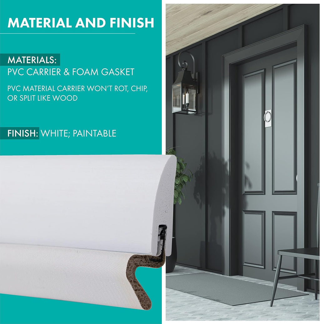 Simply Conserve Windjammer Nail-Up Set Door Weatherstripping with PVC Carrier and Foam Gasket in White DS060N-W | Paintable Door Draft Stopper for Sides and Top | Foam Weather Stripping Door Seal