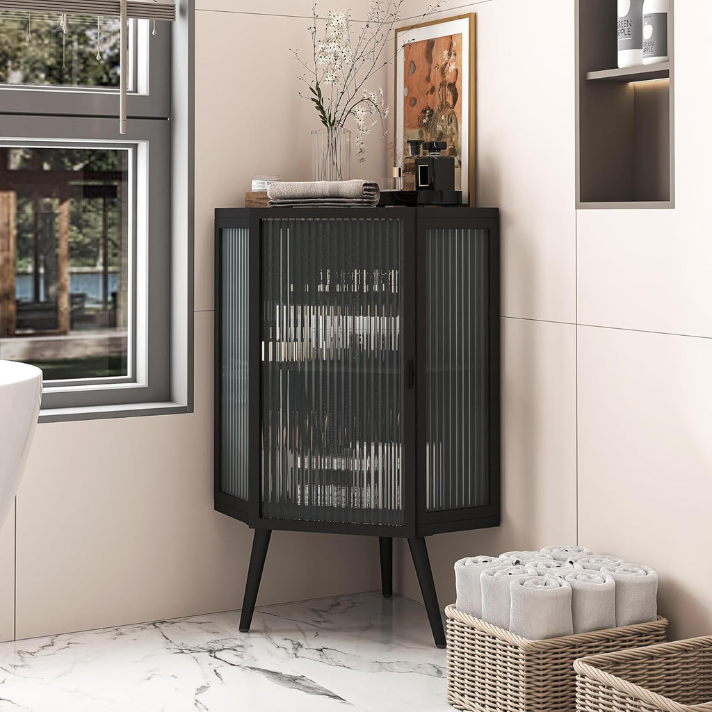 Vinsetto 22.25' Corner Floor Cabinet with Tempered Glass Door, Storage Shelves for Bathroom, Living Room, Bedroom, Black