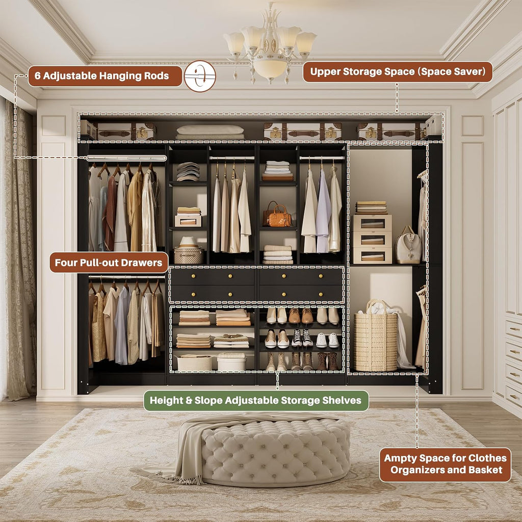 Besiost Closet System with 4 Drawers & Corner Tower, Closet Organizer System with 4 Hanging Robs, Reversible U Shaped Walk-in Closet System, Load 2600+LBS Capacity, Set of 4, Black