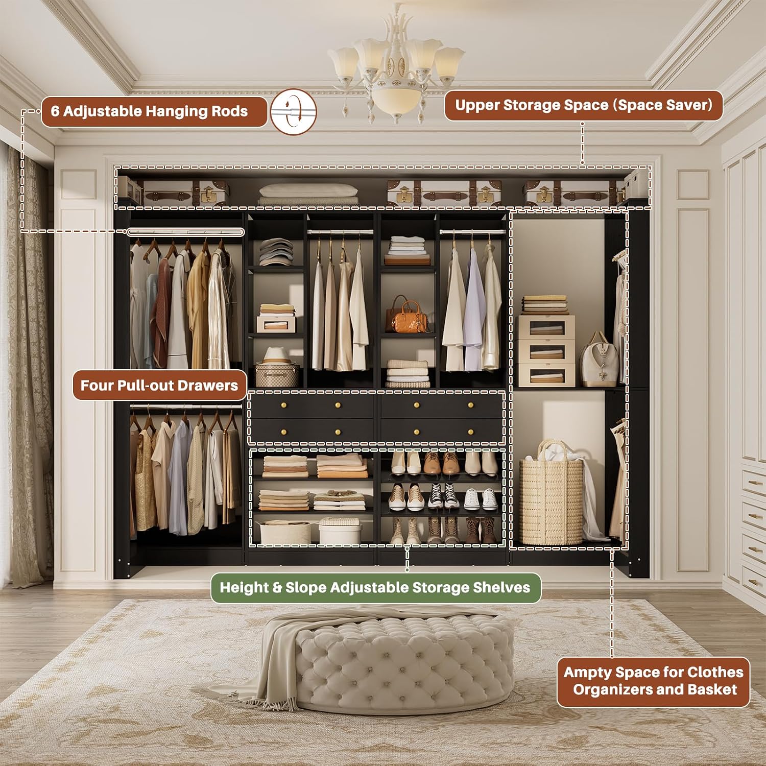 Besiost Closet System with 4 Drawers & Corner Tower, Closet Organizer System with 4 Hanging Robs, Reversible U Shaped Walk-in Closet System, Load 2600+LBS Capacity, Set of 4, Black
