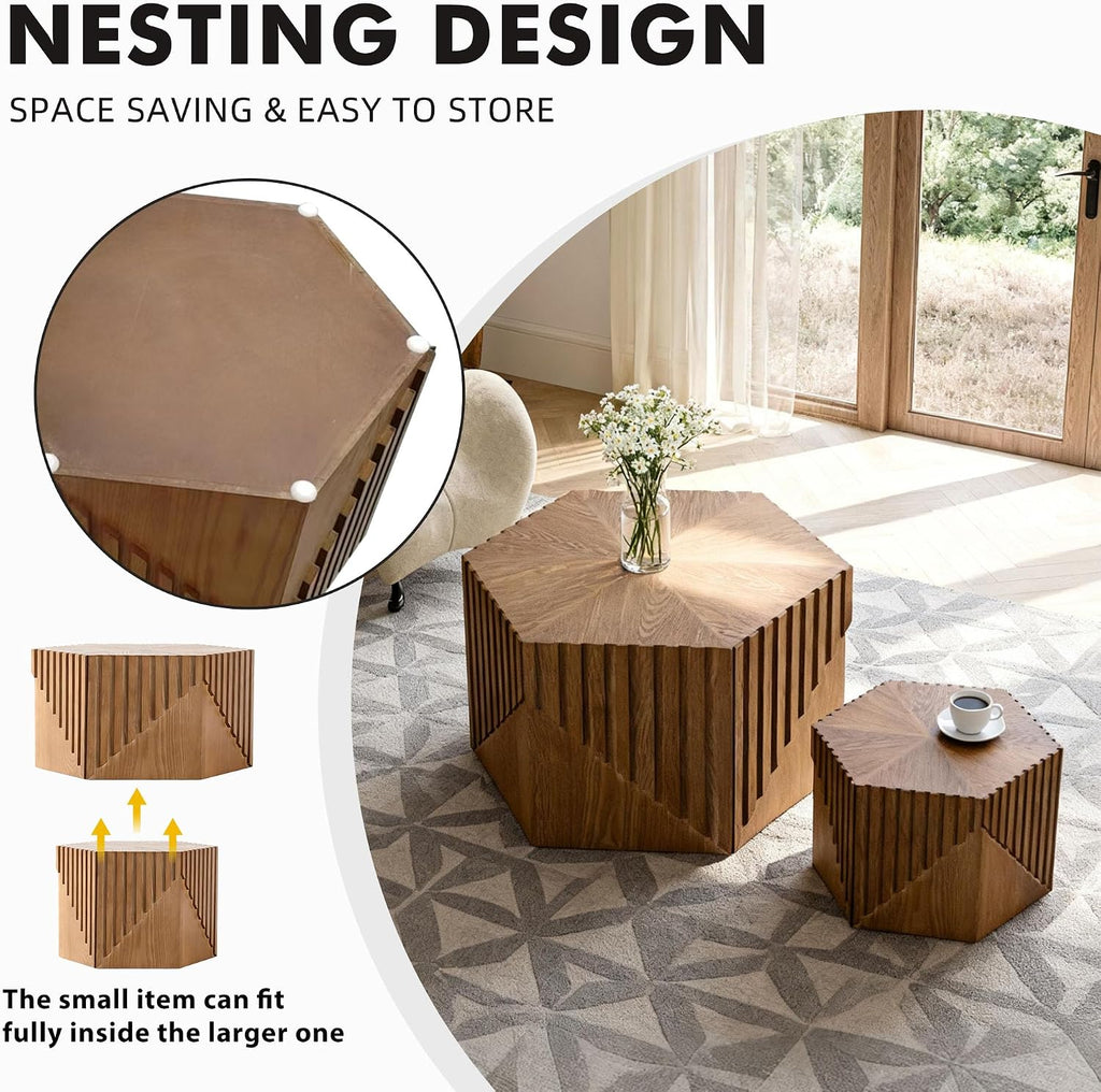 Hexagonal Nesting Coffee Table Set of 2, Wooden Fluted Coffee Table for Living Room, Mid Century Modern Center Table Space-Saving Small End Side Table for Bedroom, Farmhouse, Apartment, Office