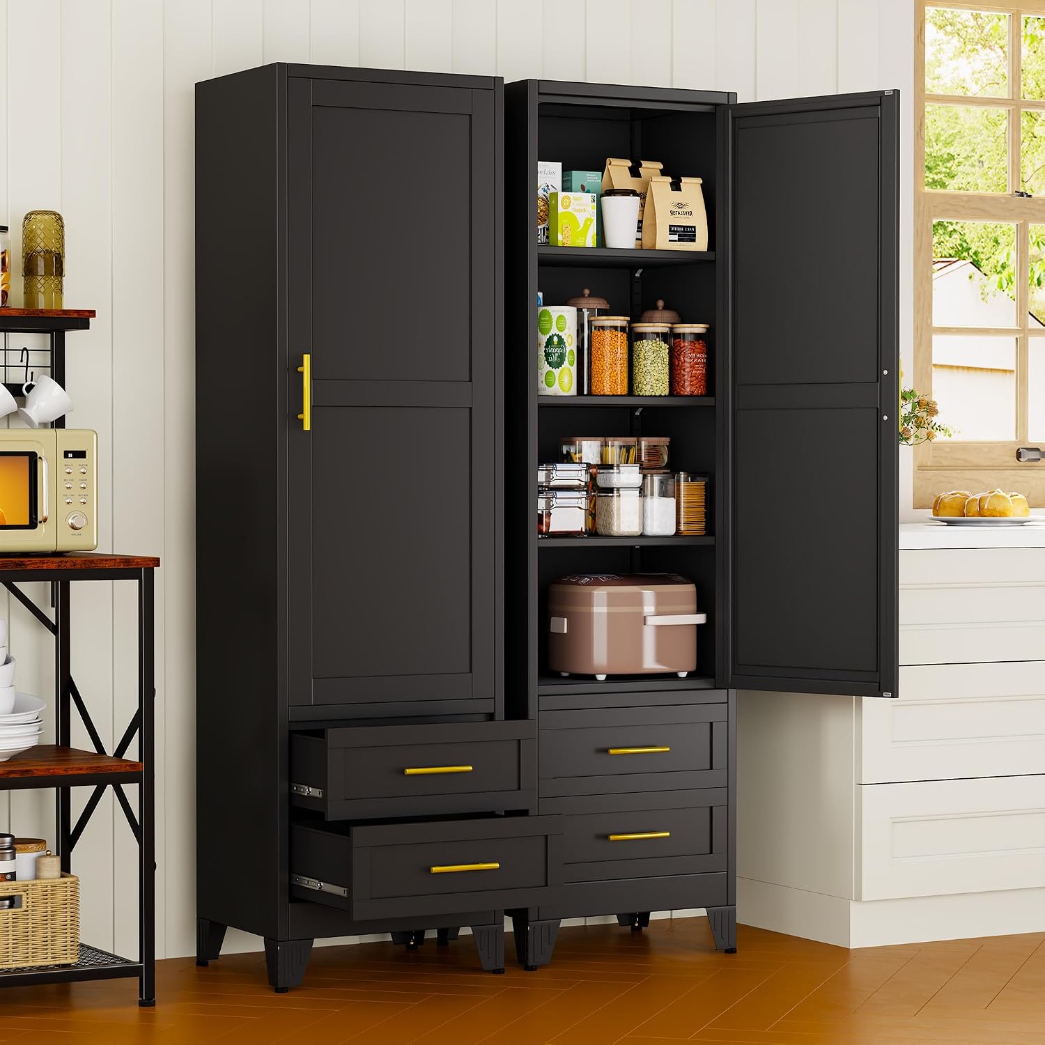 67' Tall Narrow Metal Storage Cabinet, Freestanding Pantry Organizer, Black | Slim Bathroom Cabinets with 2 Drawers & 3 Adjustable Shelves, Multi-Use Cupboard for Kitchen Office Living＆ Dining Room