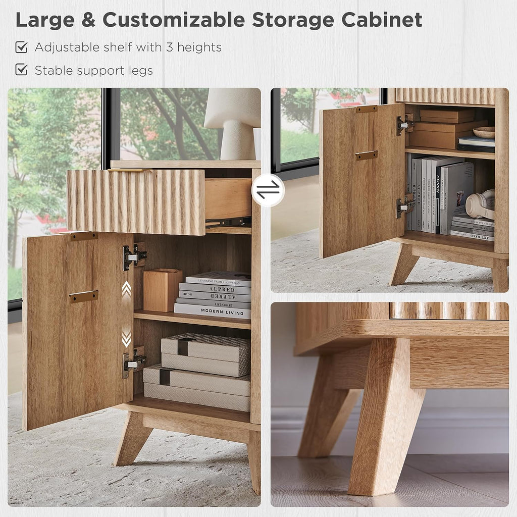 T4TREAM 60'' Fluted Executive L Shaped Desk, Modern Home Office Desk with Charging Station and File Drawer, Computer Corner Desks with Drawers & Storage Cabinet for Office Home, Bedroom, Natural Oak