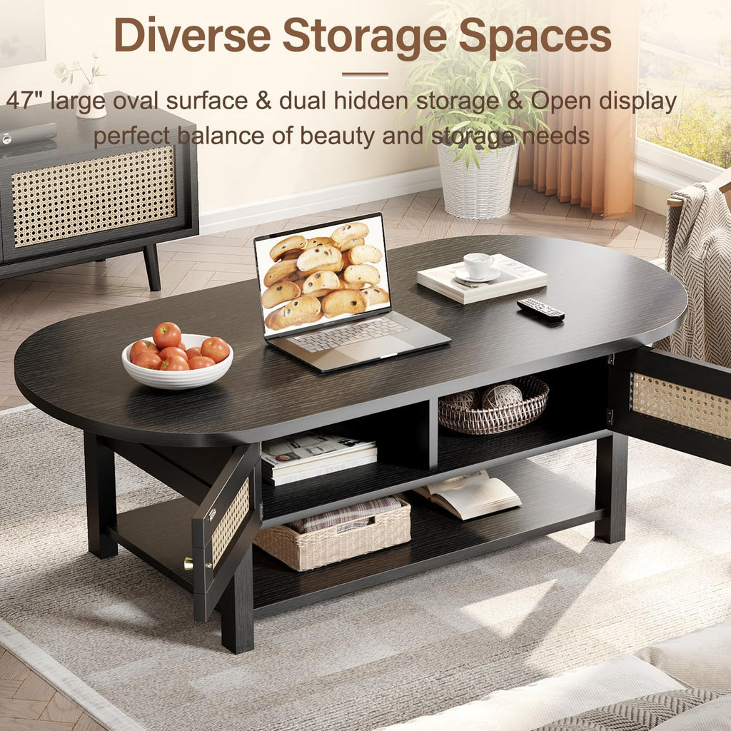 LVB Rattan Coffee Table, Boho Wood Living Room Table with Storage, Oval Modern 2-Tier Cocktail Tea Table with Doors & Open Shelf, Farmhouse Vintage Center Tables for Bedroom Office, Black Oak, 47In