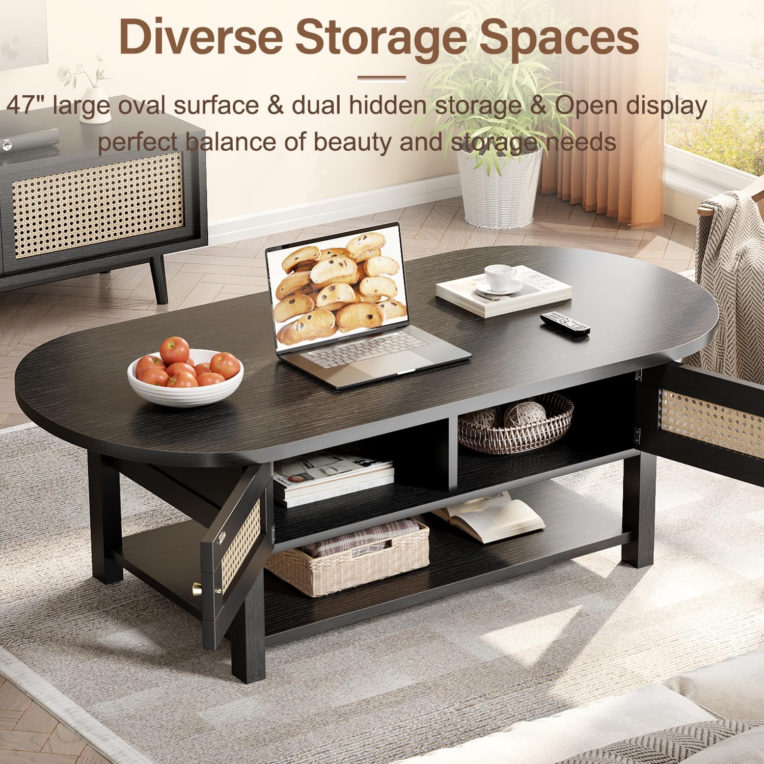 LVB Rattan Coffee Table, Boho Wood Living Room Table with Storage, Oval Modern 2-Tier Cocktail Tea Table with Doors & Open Shelf, Farmhouse Vintage Center Tables for Bedroom Office, Black Oak, 47In