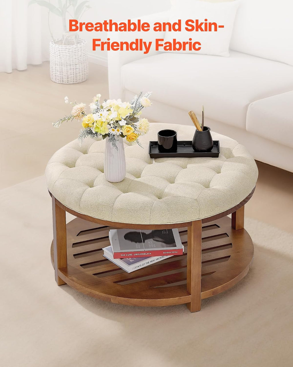VEVOR Large Round Ottoman Coffee Table, 31.9 Inch Tufted Coffee Table with Solid Wood Shelf Storage, Linen Solid Upholstered Footrest Ottoman for Bedroom Living Room, 350 LBS, Linen Color