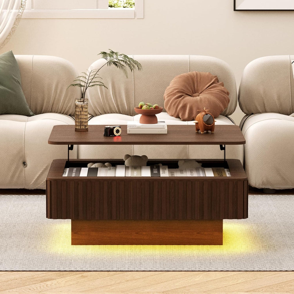 MAGIC UNION 38.6' Fluted Lift Top Coffee Table with Storage, Large Mid Century Modern Coffee Table with LED Lights & Charging Station, Center Table for Living Room, Home Office, Walnut