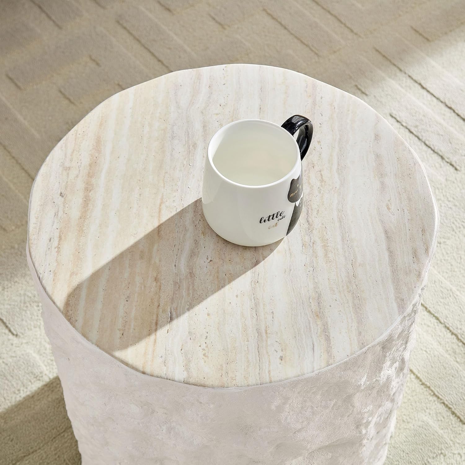 15.74 Inch Small Side Table for Living Room, Round Coffee Table Modern Center End Table for Small Space Apartment, Office, Indoor Outdoor Marble Fiber Concrete Stone Beige