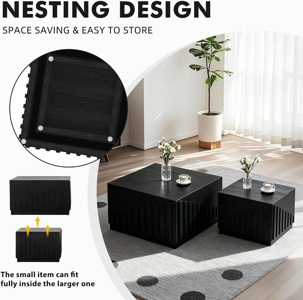 Black Nesting Tables for Living Room, Set of 2, Square Nesting Coffee Table Farmhouse Wooden Fluted Coffee Table, Modern Small Center Table End Side Table for Small Spaces Bedroom Balcony Office