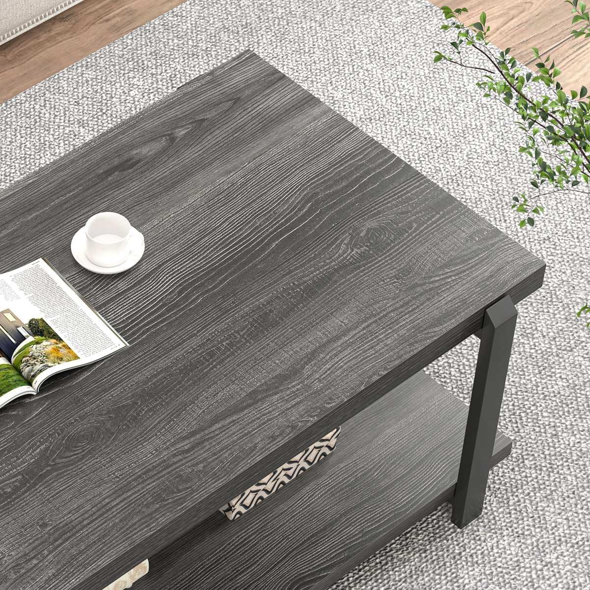 FOLUBAN Modern Coffee Table, Rustic Wood Center Table with Storage for Living Room, Dark Gray