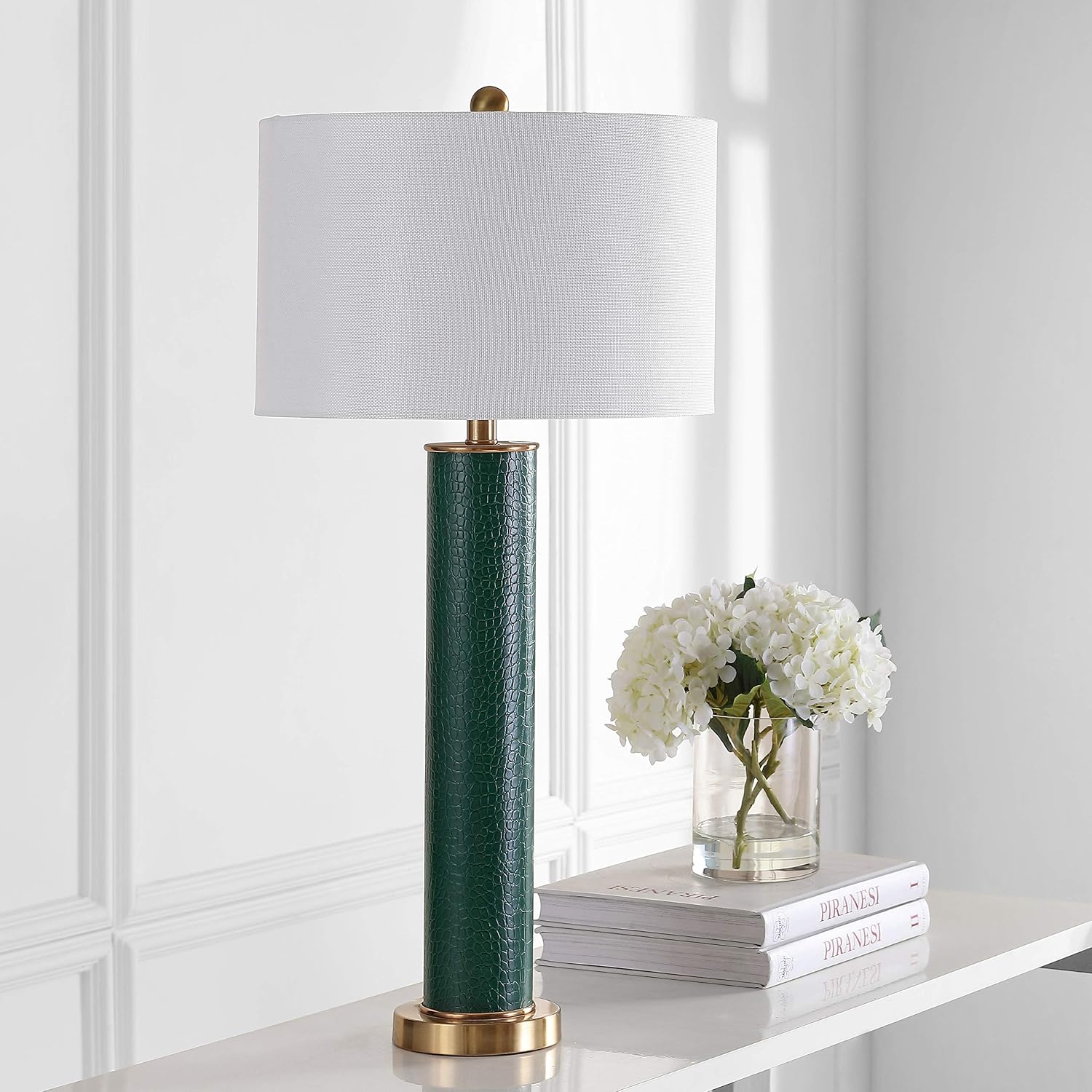 SAFAVIEH Lighting Collection – Set of 2 Ollie Modern Contemporary Dark Green Faux Alligator 32-Inch Table Lamps, LED Bulbs Included, Bedroom Living Room Home Office (LIT4404B-SET2)