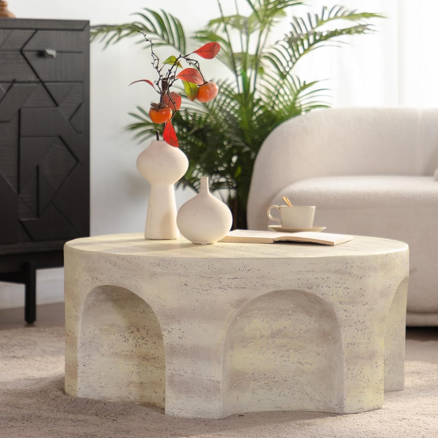 WILLIAMSPACE 31.5' Round Marble Coffee Table with Unique Arched Cutout Base, Modern Faux Stone Center Table Drum Coffee Tea Table for Living Room, Magnesium Oxide, No Assembly, Amber