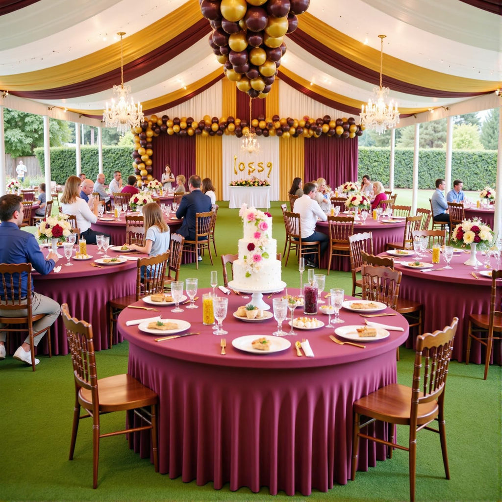 leegleri 8 Pack Burgundy 60inch Spandex Round Tablecloths, Stretchy 120inch Fitted 5FT Round Table Cloths, Wrinkle Free Table Cover with Skirt for Wedding Party Dining Banquet