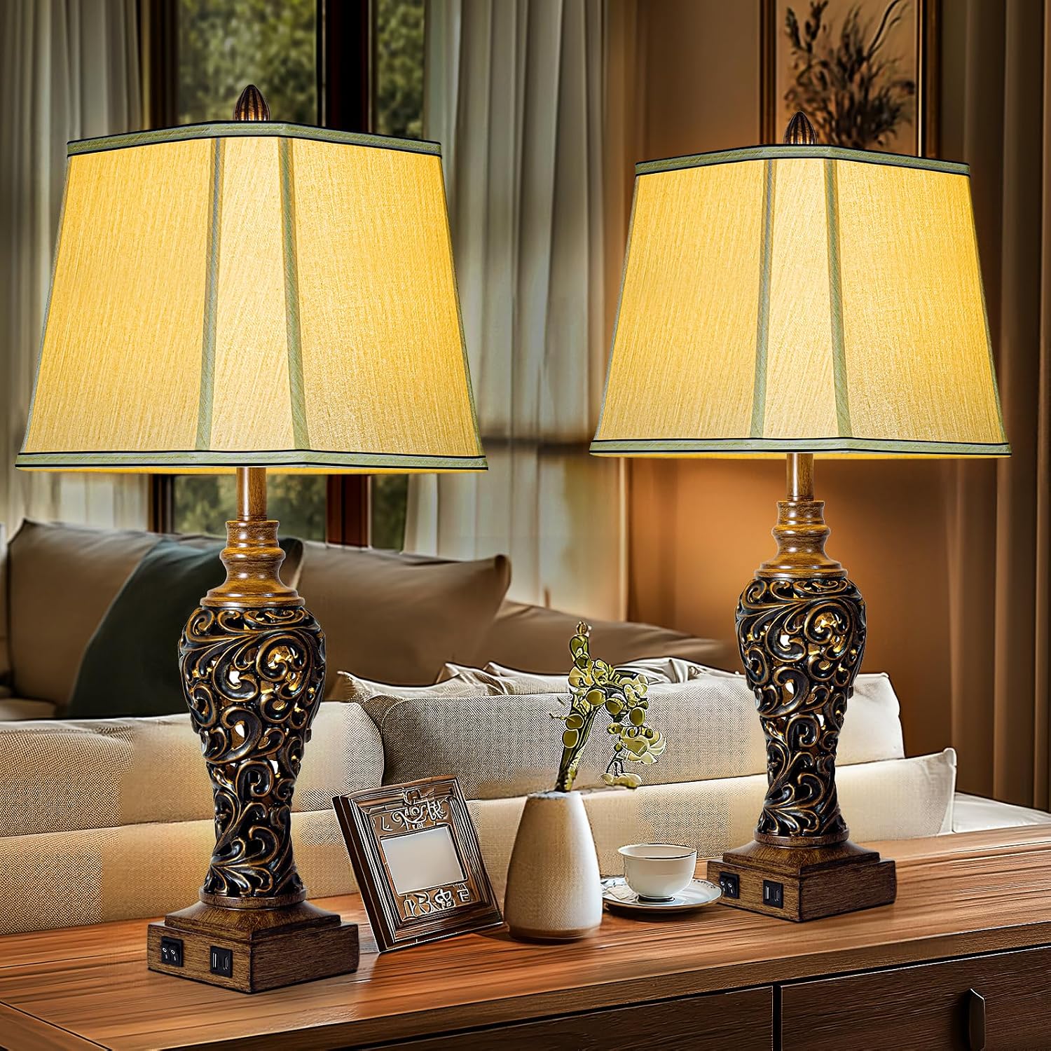 28.5'' Tall Farmhouse Vintage Table Lamp Set of 2 with Faux Silk Shade USB Ports Nightlight Decor for Bedside Living Room Bedroom Nightstands Office Home, Dark Bronze(Bulbs Included)