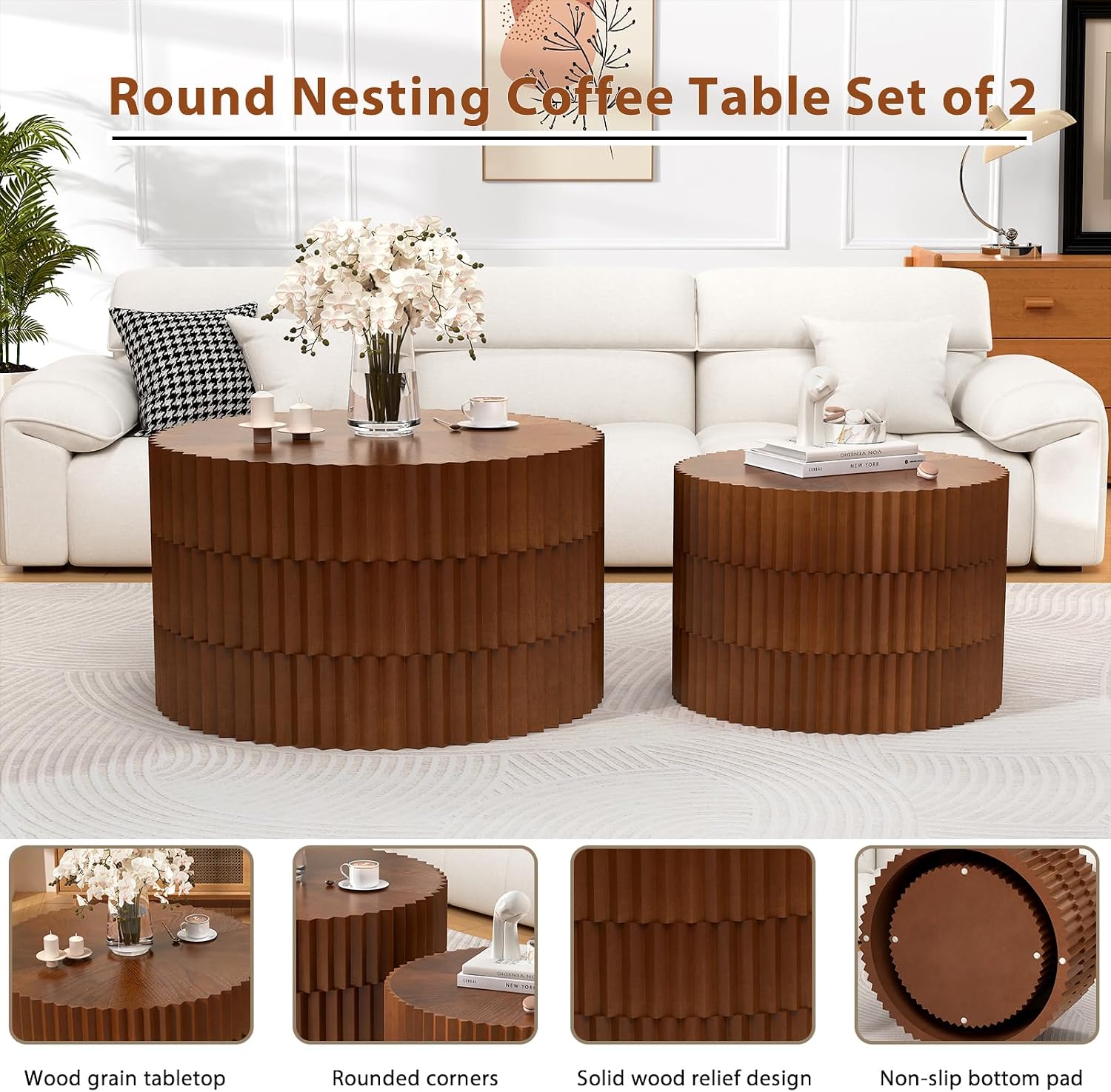 Round Wood Coffee Table Set of 2 Modern Circle Nesting Coffee Table Handcrafted Drum Nesting Table Nesting Coffee Tables for Living Room for Small Space (Walnut (D26.77+D19.68 inch))