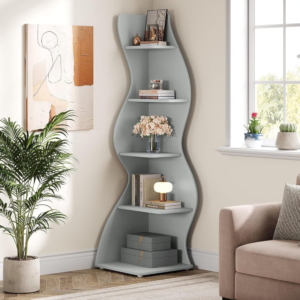 Tribesigns Wavy Corner Shelf Set of 2, Modern 5-Tier Bookshelf Etagere Bookcase with Curvy Shape, Unique Plant Stand Display Shelf for Living Room Small Space (Blue)