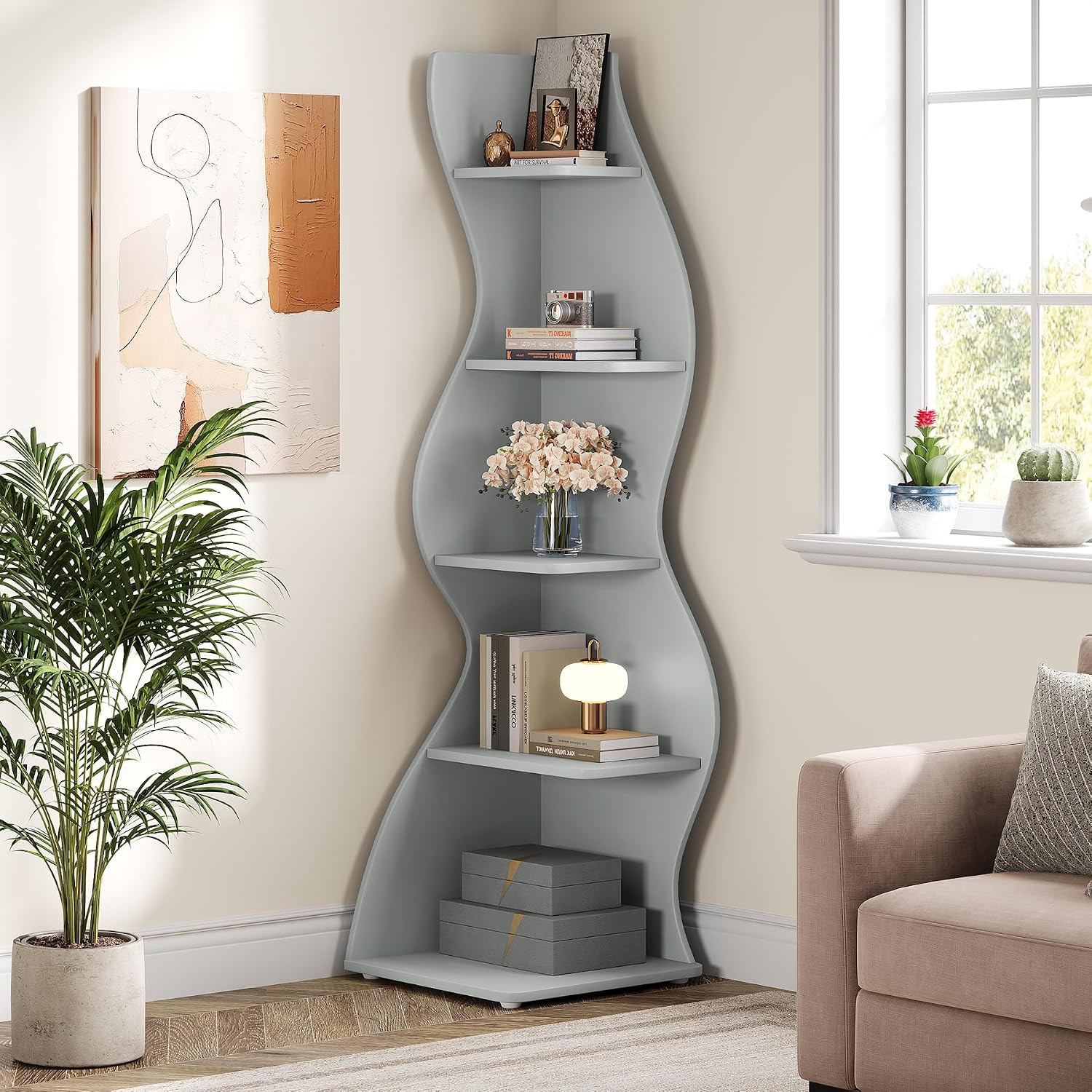 Tribesigns Wavy Corner Shelf Set of 2, Modern 5-Tier Bookshelf Etagere Bookcase with Curvy Shape, Unique Plant Stand Display Shelf for Living Room Small Space (Blue)