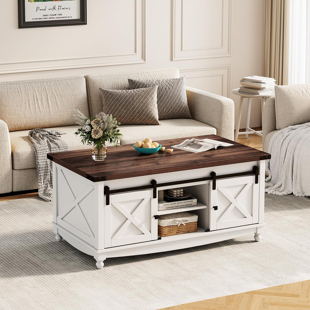 ALLSTAND 48' Farmhouse Lift Top Coffee Table with Storage Sliding Barn Door & Large Hidden Compartment, Coffee Table with Lifting Top with Wooden Lift Tabletop, Coffee Tables for Living Room, White
