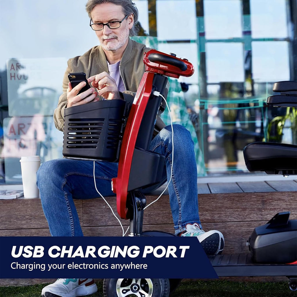 Mobility Scooters for Seniors & Adults 400 Lb Weight All Terrain,Heavy Duty 4 Wheel Foldable Powered Scooter,Portable Disability Mobile Electric Wheelchair,Luxury Seat and w/Led Lights,red