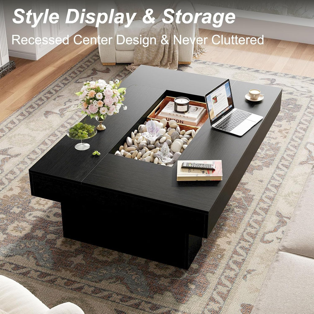 LVB Black Coffee Table, Modern Wood Led Living Room Table with Storage, Unique Large Wide Rectangle Center Table with LED Light, Contemporary low Tea Table for Bedroom Home Office, 47.24 In, Black Oak