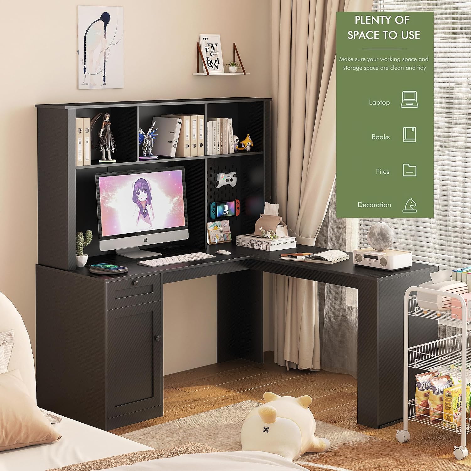 Black L-Shaped Home Office Desk with Hutch & Drawers, Modern Corner Desk with Bookshelf, Wood Study Writing Table Gaming Computer Desk for Bedroom, Home