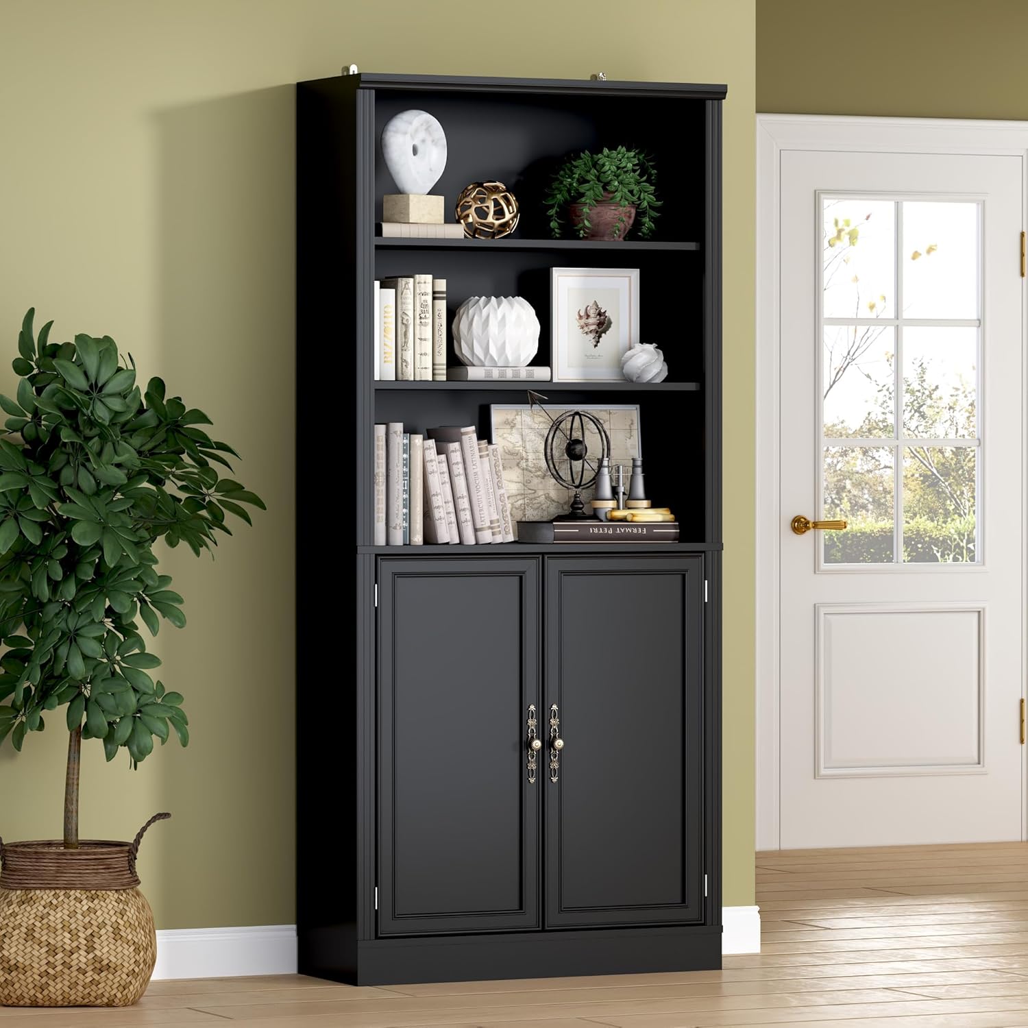 BORNOON 70.1' Tall Bookshelf with Cabinet, 5-Tier Floor Standing Bookcase with Doors & Adjustable Shelves, 31.5' Wide Storage Shelf, Metal Handles, Modern Organizer for Home Office, Living Room