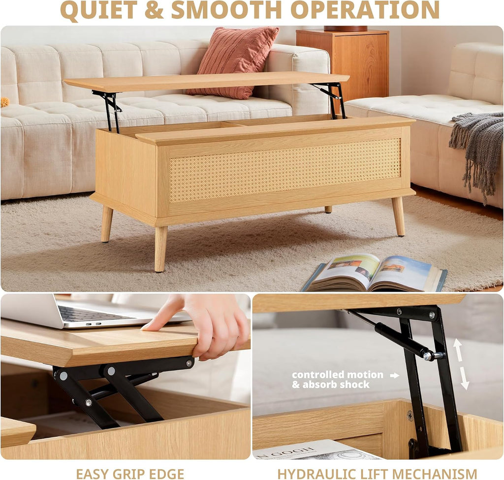 Ink+Ivy Solid Wood Lift Top Coffee Table with Storage Compartments and Large Shelves, Handwoven Rattan Accent Sides, Oak Wood Grain Coffee Tables for Home Living Room Natural