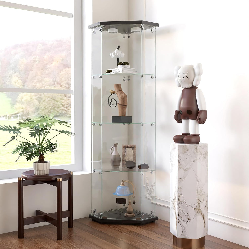 65' Corner Glass Display Cabinet with 13 Colors Lights, 4-Tier Corner Curio Cabinet Display Case with Lock for Collectibles, Home Decor Glass Shelf for Living Room, Bedroom, Office, Shop, Black