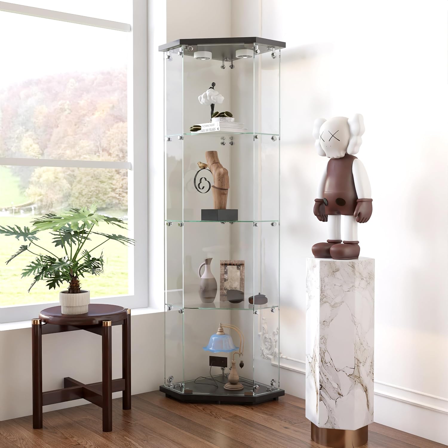 65' Corner Glass Display Cabinet with 13 Colors Lights, 4-Tier Corner Curio Cabinet Display Case with Lock for Collectibles, Home Decor Glass Shelf for Living Room, Bedroom, Office, Shop, Black
