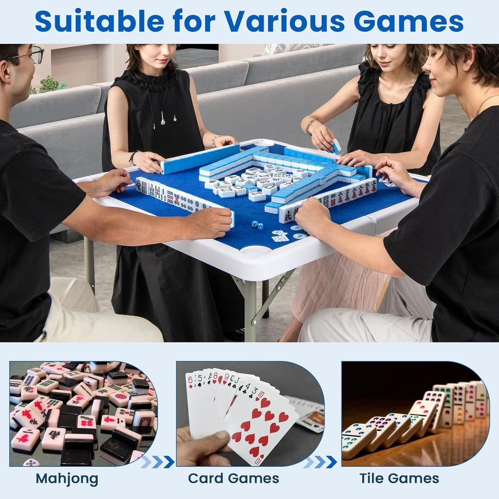 Goplus Mahjong Table, 35' Square Folding Card Table w/4Cup Holders, Anti Slip Mat, HDPE Tabletop, Metal Legs, Portable Mahjong Game Table for Domino Game, Picnic (Navy, Table w/Removable Mat)