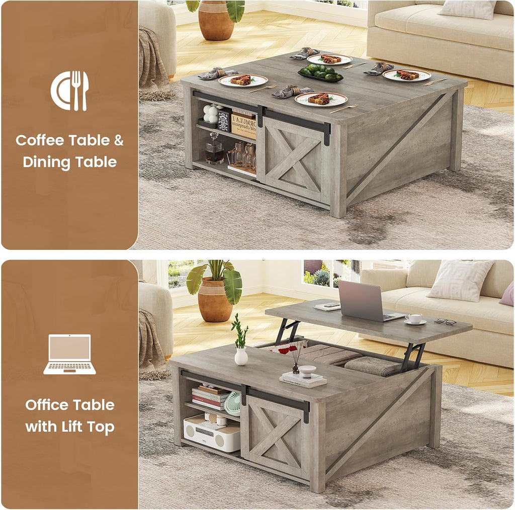 SEDETA 31.5' Lift Top Coffee Table with Storage, Square Coffee Tables for Living Room, Farmhouse Coffee Table with Large Hidden Storage Compartment and Adjustable Shelves, Grey