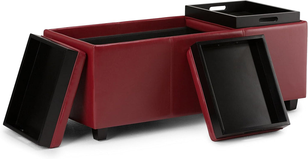 SIMPLIHOME Avalon Storage Ottoman - 42 inch Wide Upholstered Vegan Leather Rectangular Flip-Top Ottoman in Red, Contemporary Coffee Table Ottoman for Living Room with Hidden Storage