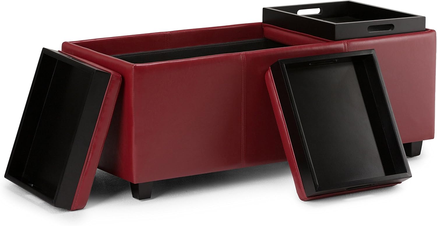 SIMPLIHOME Avalon Storage Ottoman - 42 inch Wide Upholstered Vegan Leather Rectangular Flip-Top Ottoman in Red, Contemporary Coffee Table Ottoman for Living Room with Hidden Storage