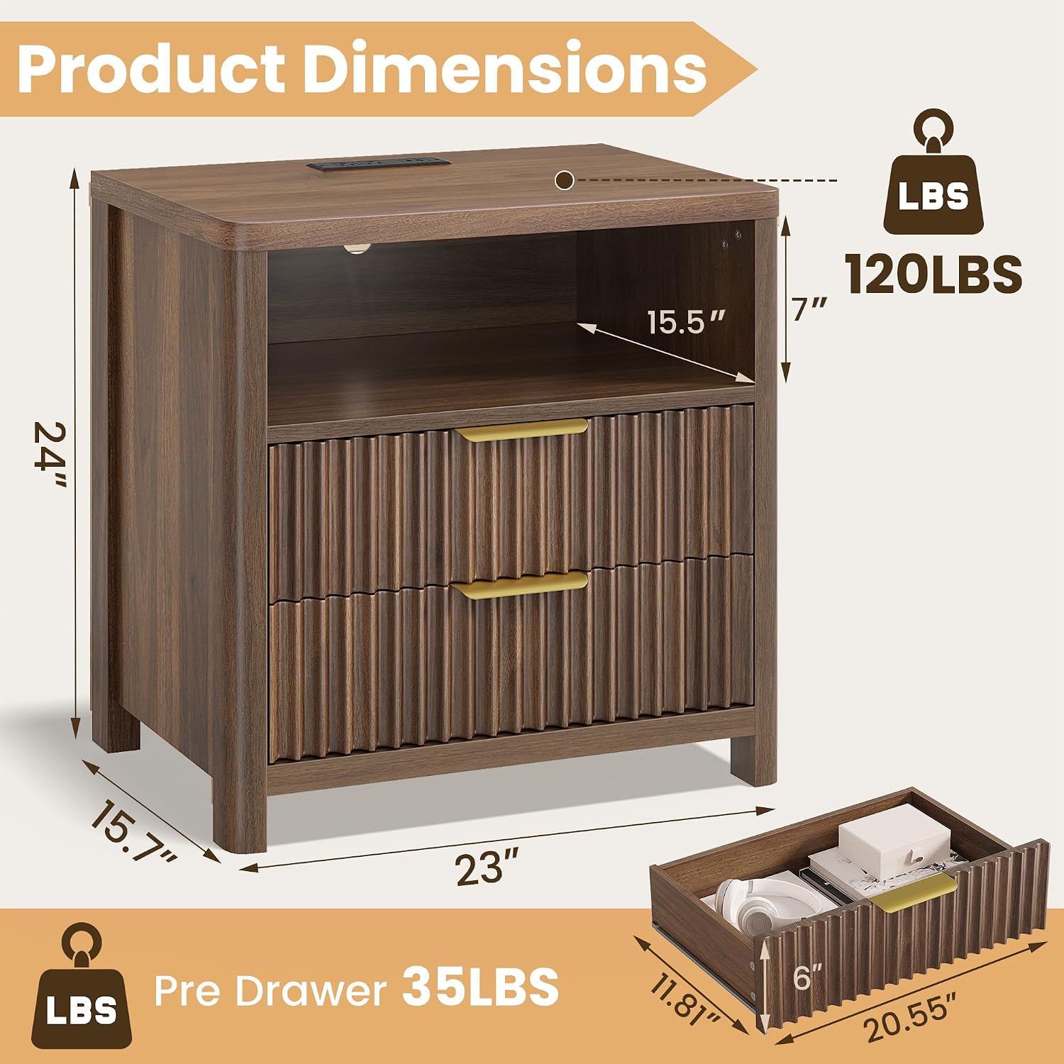 CypBed 23' Wide Fluted Nightstand with Charging Station,24'' Tall Modern Mid Century Night Stand with 2 Drawers,Wood Bedside Table with Curved Profile Design,Large End Table for Bedroom,Walnut,1 Pcs