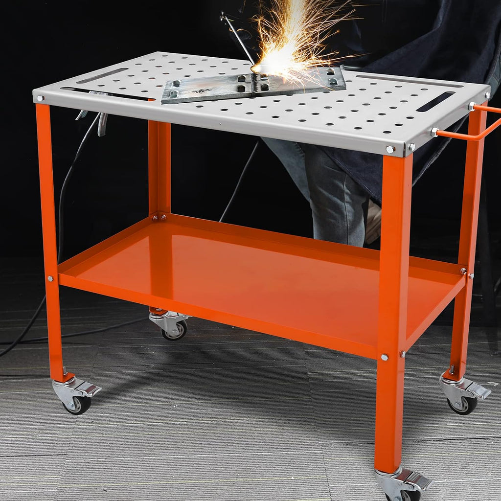 VEVOR Welding Table 36'x18', 1200lbs Load Capacity Steel Welding Workbench Table on Wheels, Portable Work Bench with Braking Lockable Casters, 4 Tool Slots, 5/8-inch Fixture Holes, Tool Tray