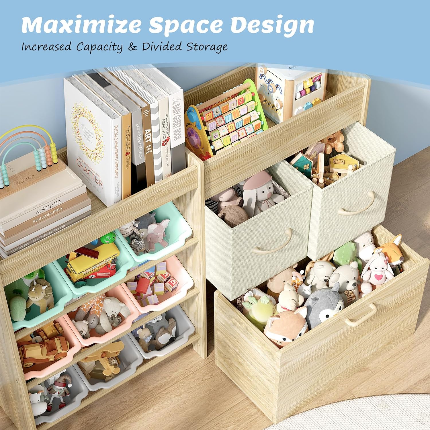 EXPERLAM Toy Storage Organizer for Kids, 9-Bin Toy Organizer with 2-Drawers,Movable Toy Chest and Top Rack, Kids Bookshelf and Toy Storage for Playroom, Bedroom, Nursery, Multi-Color