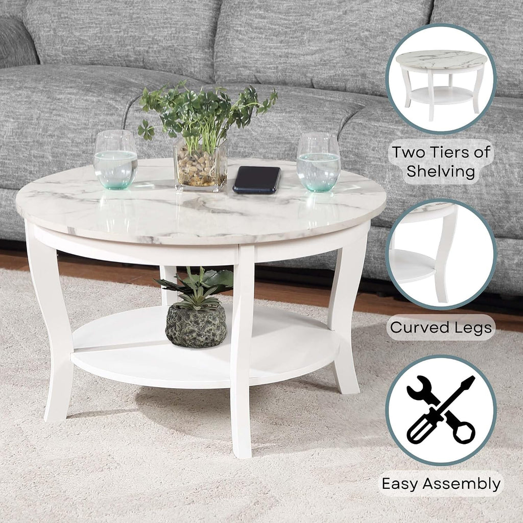 Convenience Concepts American Heritage Round Coffee Table 30' - Classic Living Room Table with Storage Shelf, Traditional Round Family Room Center Table, White Faux Marble/White