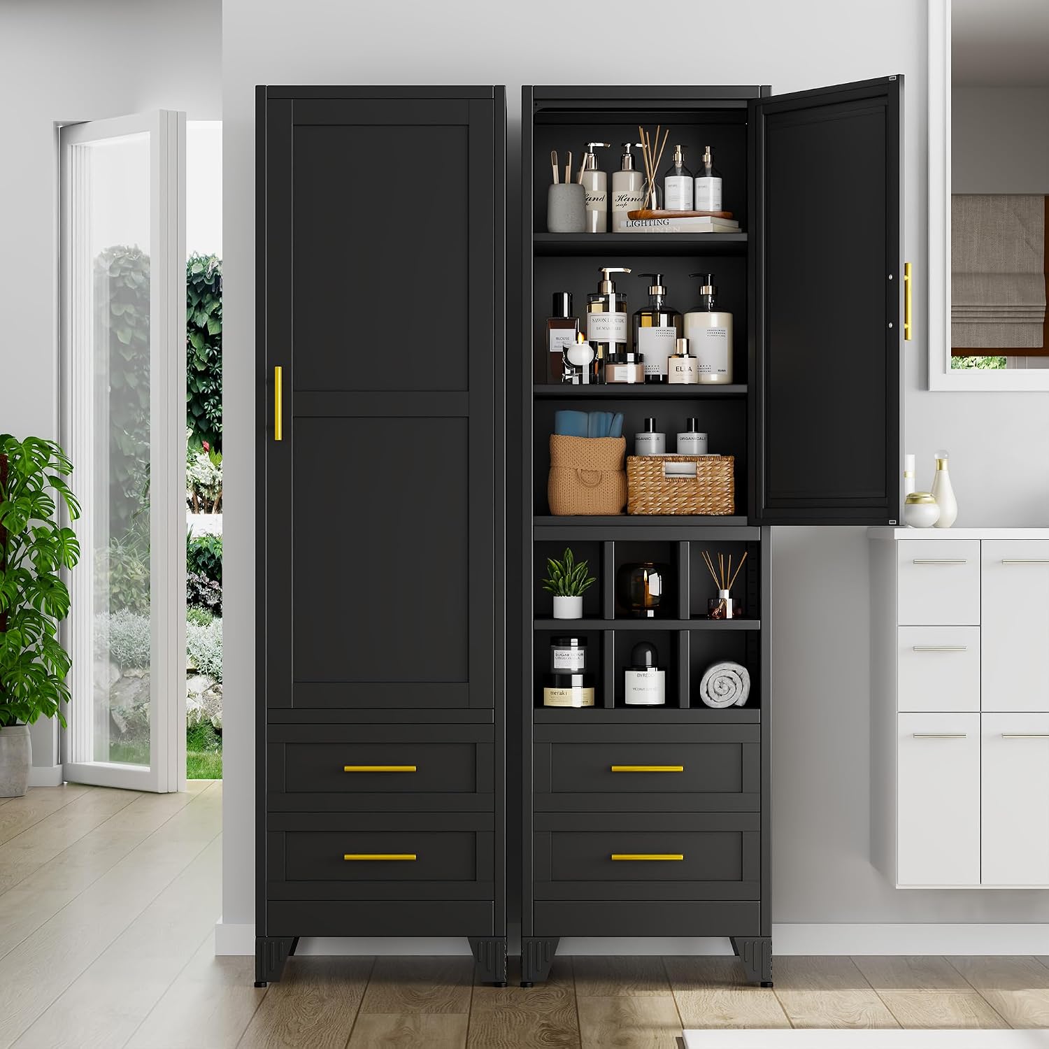 67' Tall Narrow Metal Storage Cabinet, Freestanding Pantry Organizer, Black | Slim Bathroom Cabinets with 2 Drawers & 3 Adjustable Shelves, Multi-Use Cupboard for Kitchen Office Living＆ Dining Room