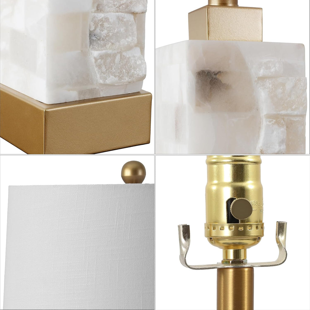 JONATHAN Y 23' Gold/White 2-Light Alabaster Rectangular Table Lamp with Night Light Modern Coastal Bedside Lamp for Bedroom with White Linen Drum Shade LED Bulbs Included JYL6202A