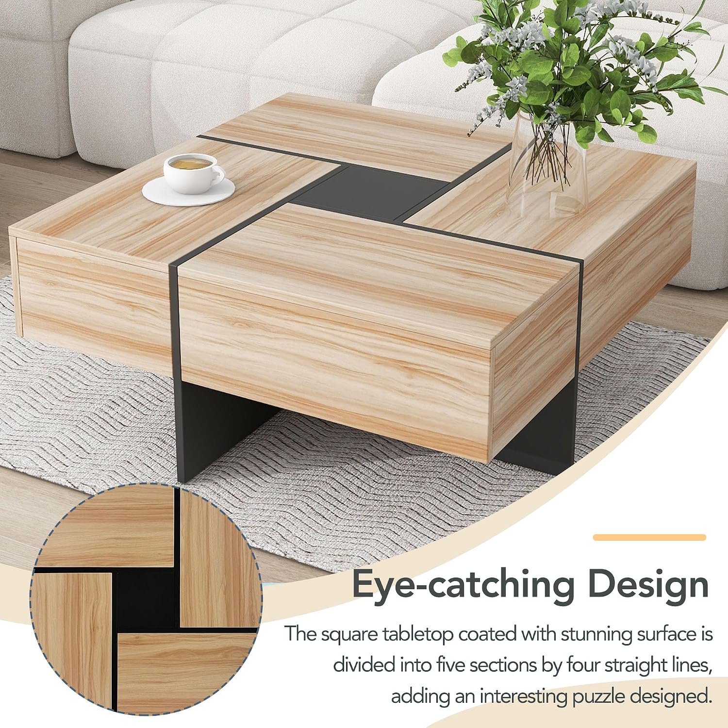 Merax Modern Square Coffee Table with 4 Hidden Storage Compartments, UV High-Gloss Design for Living Room, Brown